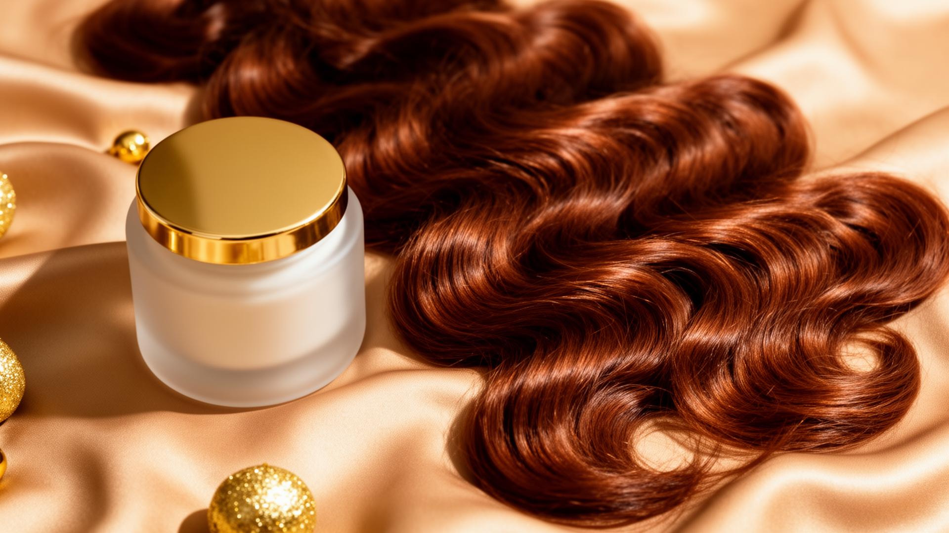 Glossy chestnut wig and gold-capped body cream on silk